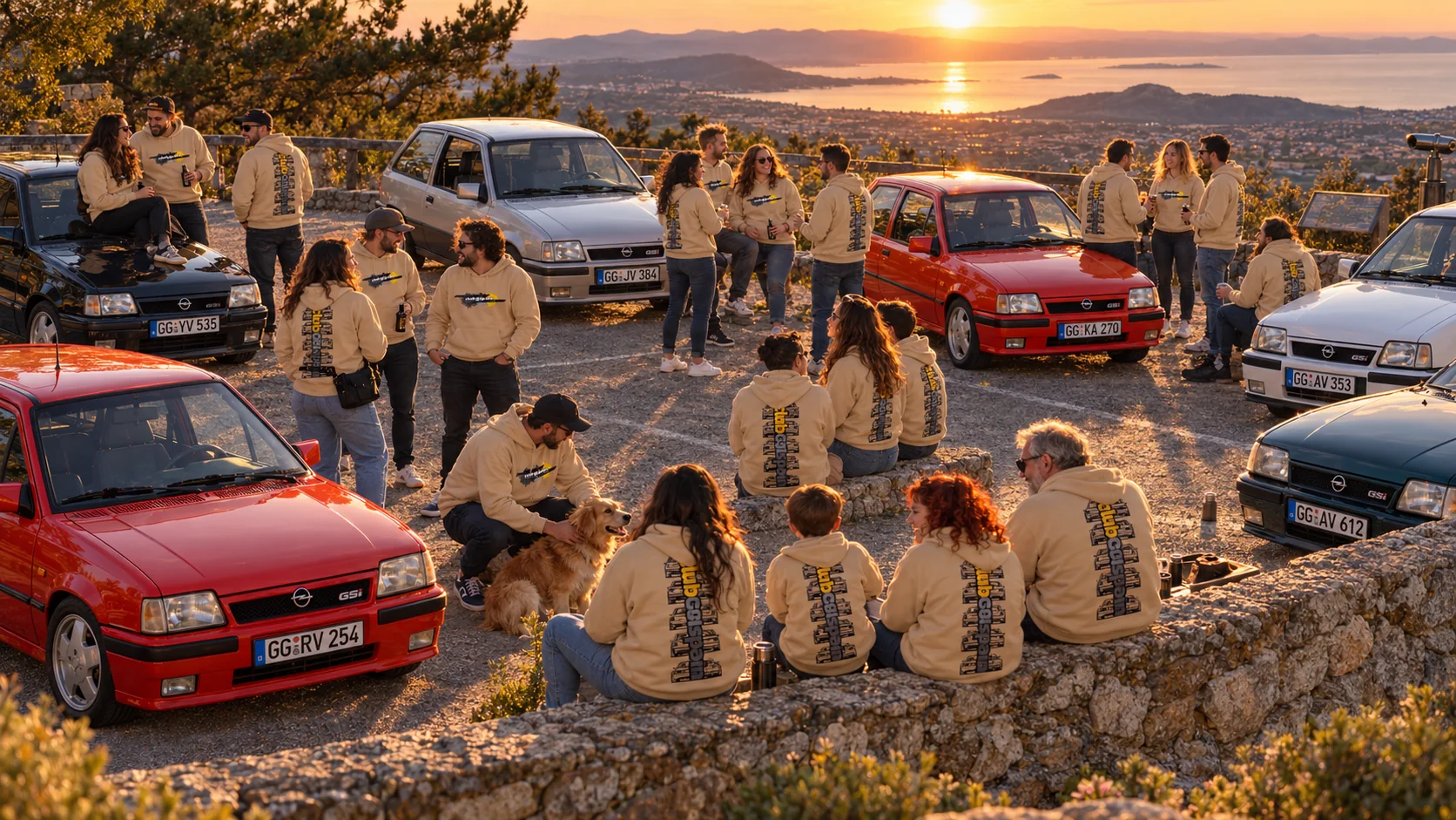 Un grupo numeroso de aficionados y varios Opel clásicos reunidos al atardecer