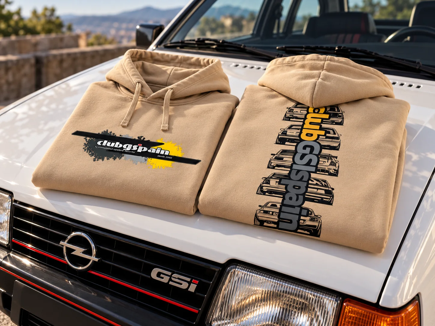 Sudaderas beige de clubGSIspain sobre el capó de un Opel GSI