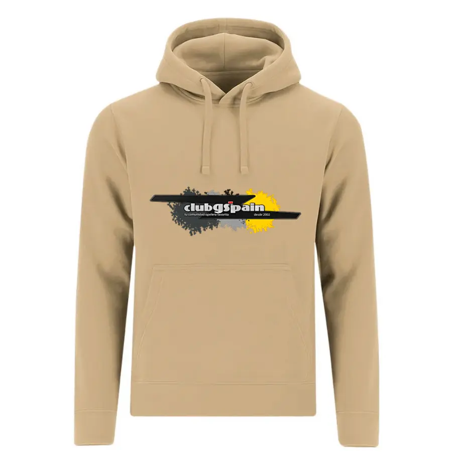 Vista frontal de la sudadera beige temporada 26-27 de clubGSIspain con el emblema centrado en el pecho