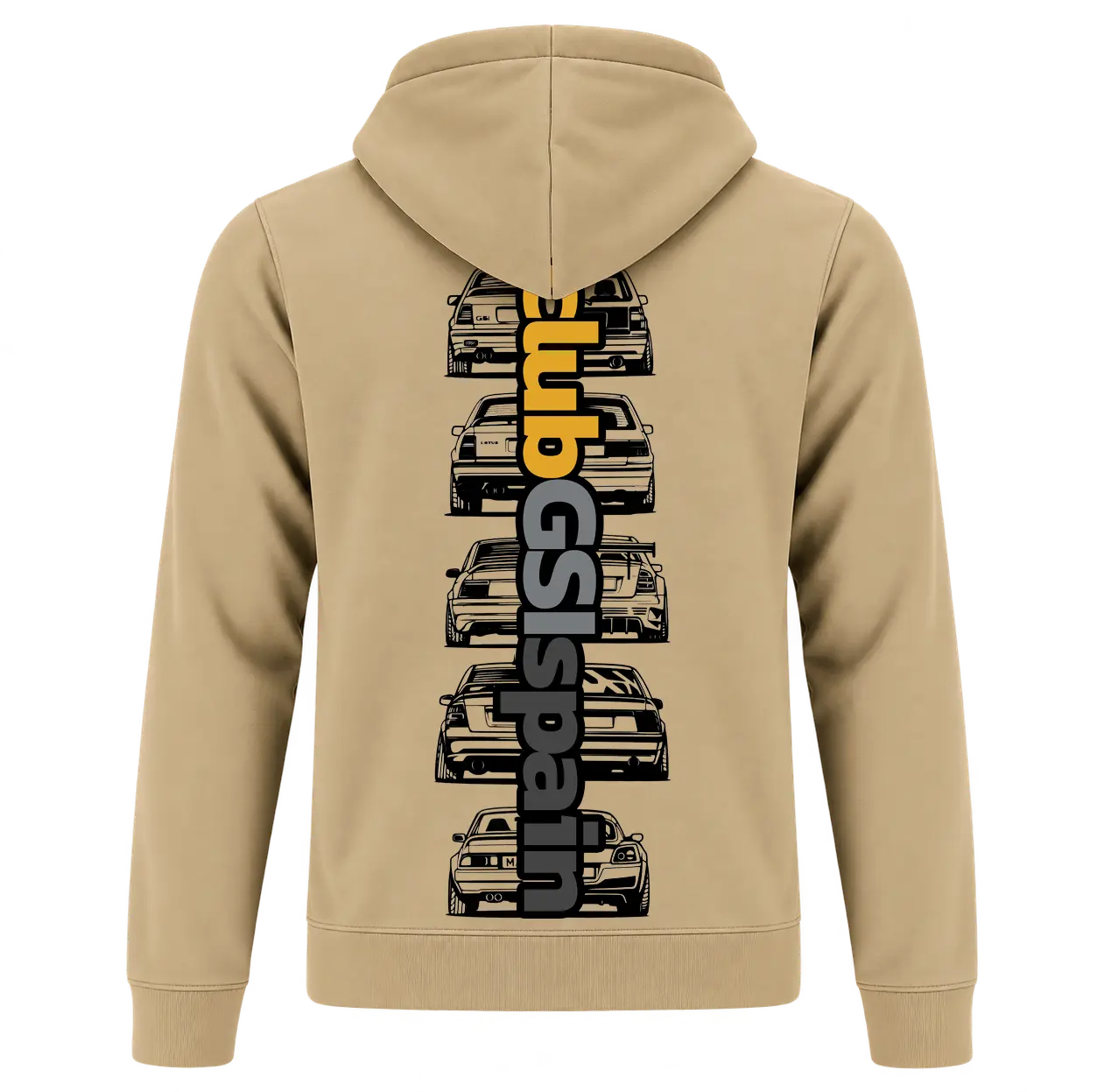 Vista trasera de la sudadera beige con una ilustración vertical de coches GSI clásicos