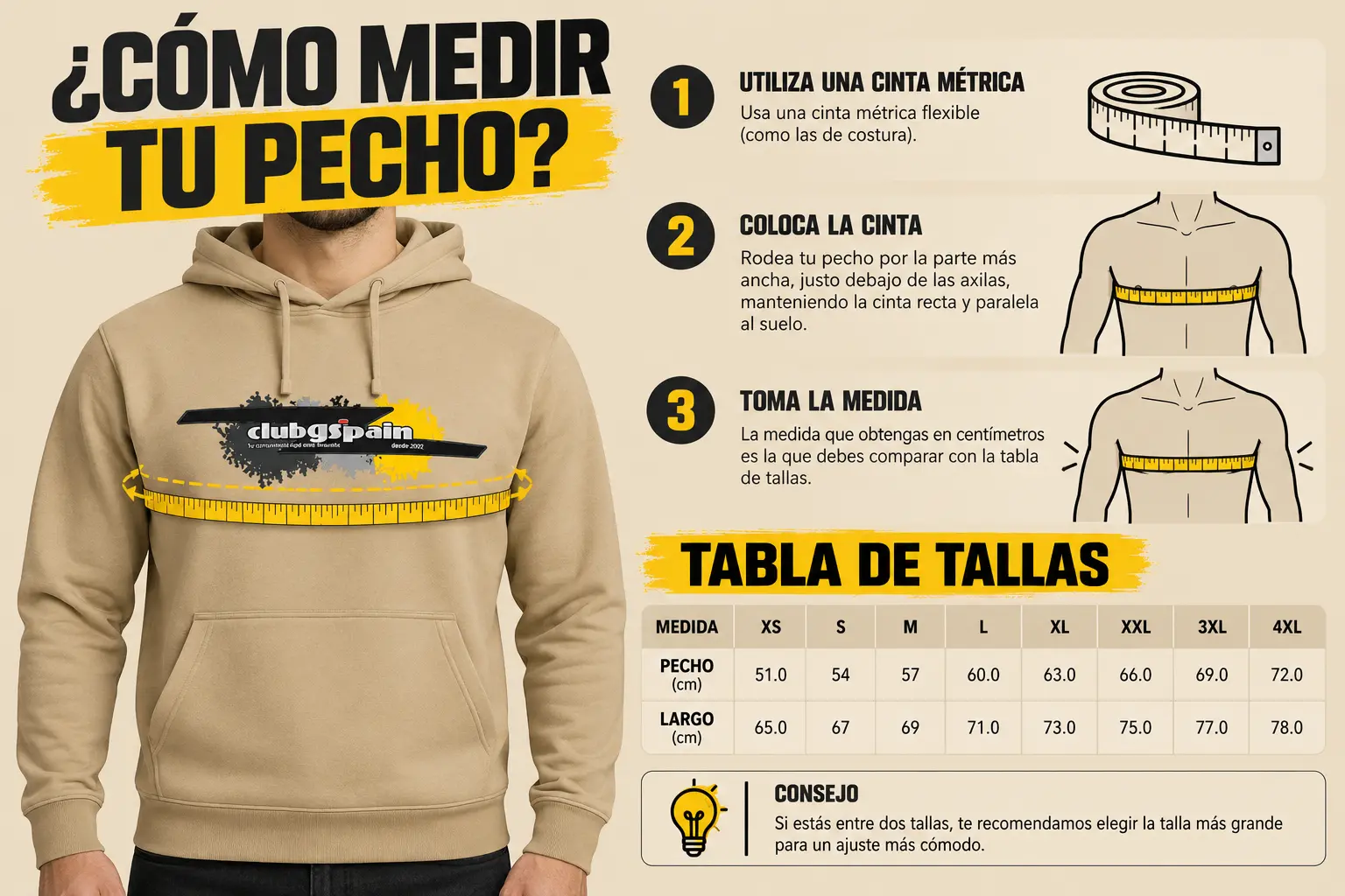 Guía visual para medir el pecho y consultar las tallas XS a 4XL
